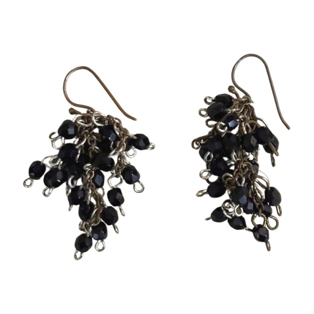 Vintage Handmade Silver and Black Bead Dangle Earrings 1.5”